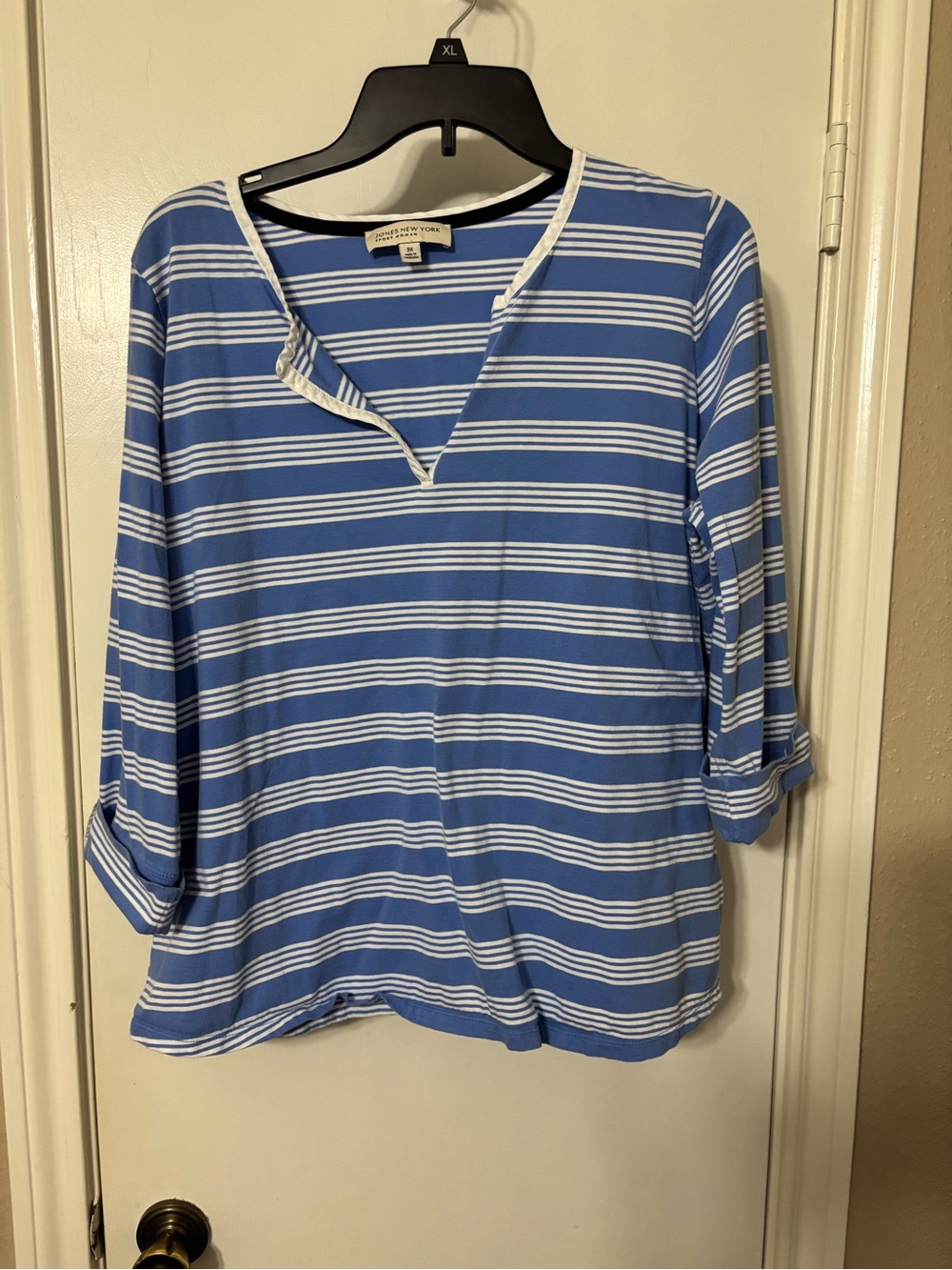 Jones New York Blue & White Striped V-Neck Cotton Tunic 3/4 sleeve - 2X